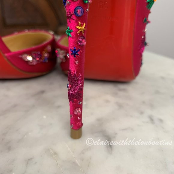 Louboutin Artifice 120 Fuchsia Satin Embellished Pumps size 39 - Picture 7 of 9